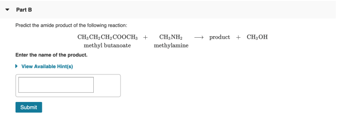 Predict the amide product of the following reaction